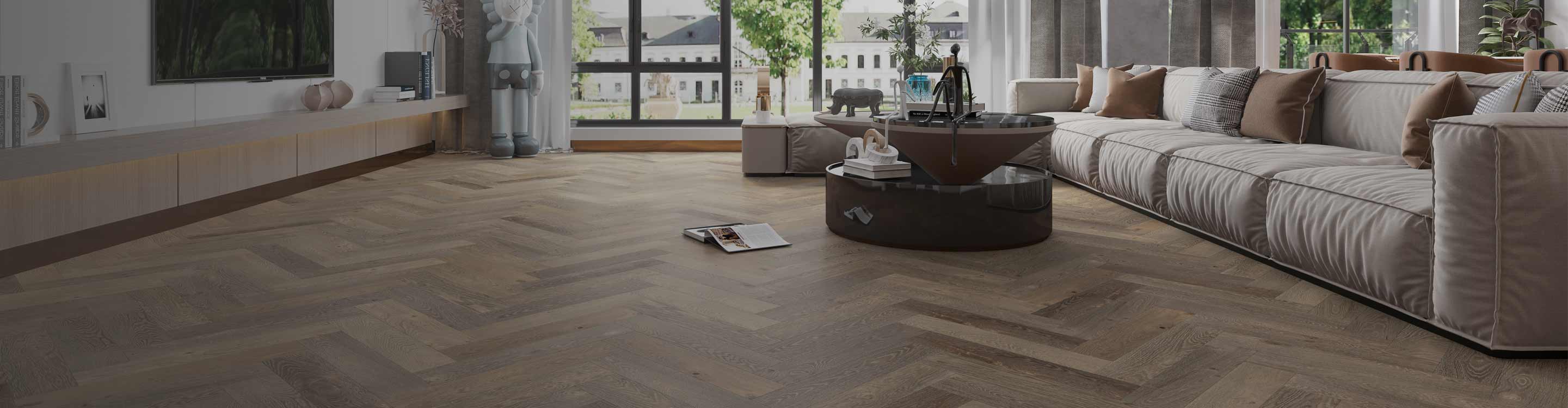 herringbone natural hardwood flooring in living room